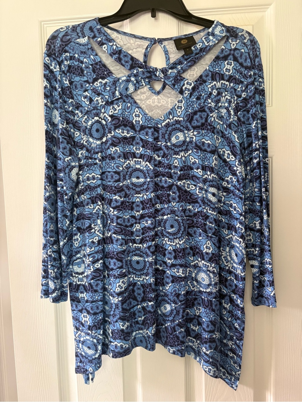 JM Collection Blue Multi Floral-Print Long Sleeve Top with Keyhole Tie